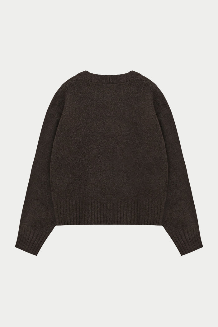 FLUFFY KNIT EMBLEM EMBROIDERED CARDIGAN - BROWN