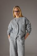 FLUFFY KNIT EMBLEM EMBROIDERED CARDIGAN - GREY MARL