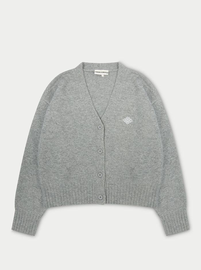 FLUFFY KNIT EMBLEM EMBROIDERED CARDIGAN - GREY MARL