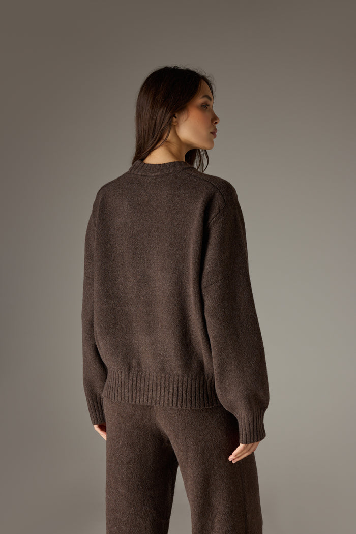 FLUFFY KNIT EMBLEM EMBROIDERED CREW - BROWN