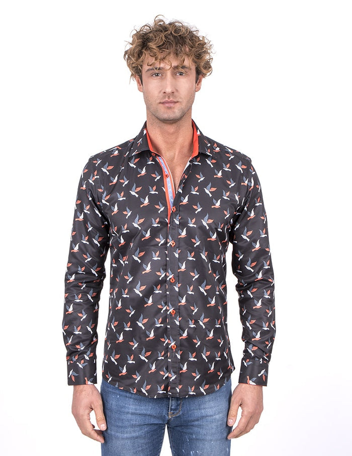 Flying Bird Print Men's Shirt-Makrom