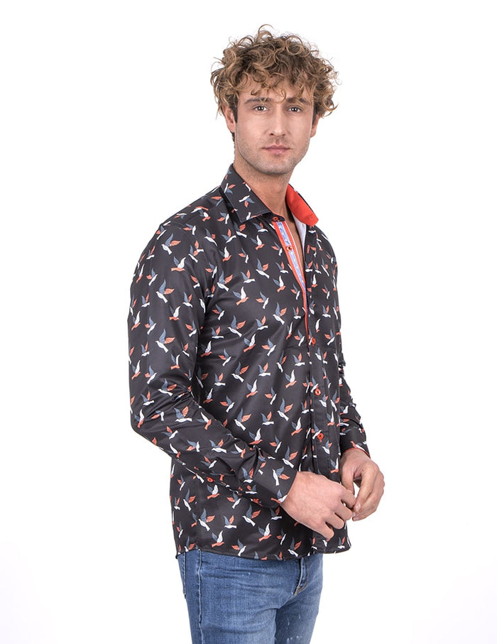 Flying Bird Print Men's Shirt-Makrom
