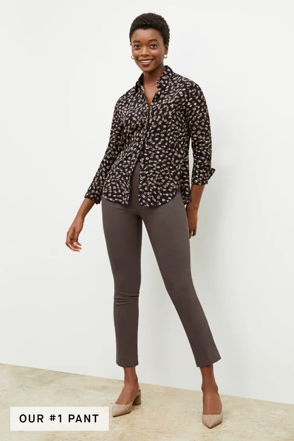 Side image of a woman wearing the Foster Pant in Dark Mink | Grid | Exclude