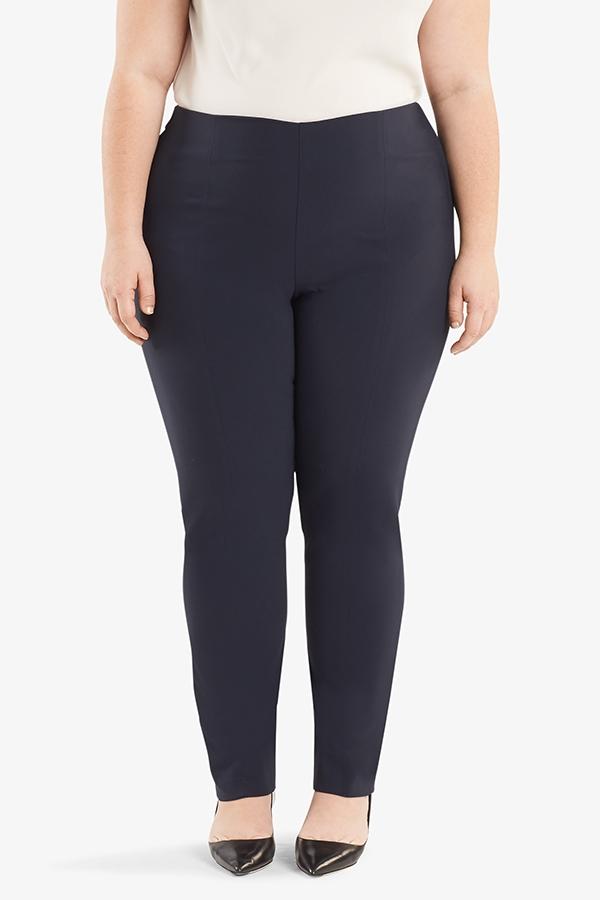 Front grid image of a plus size woman wearing the Foster pant in dark navy. | Plus | Exclude