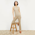 Image of a woman wearing the Foster Pant in True Khaki | Lead