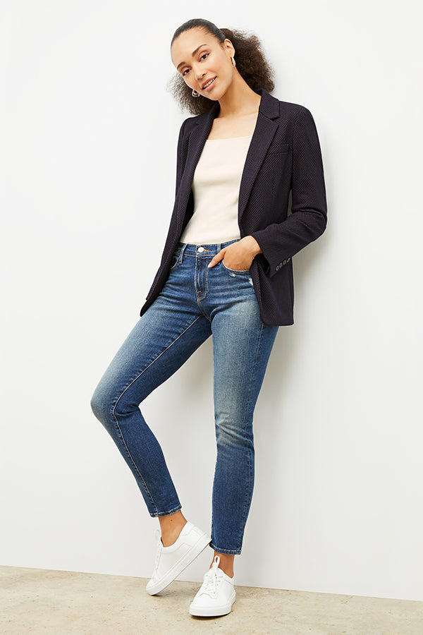 Front image of a woman wearing the FRAME Denim Le Garcon Jean in Azure | Grid Hover | Exclude