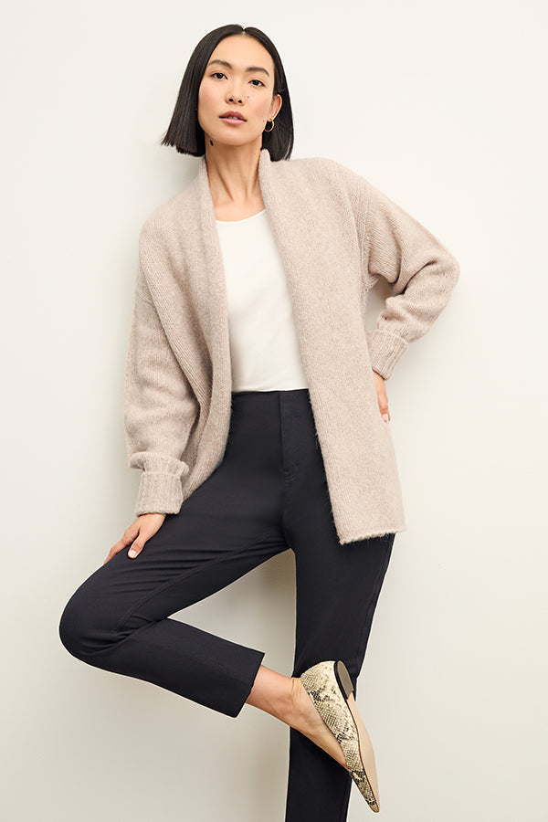 front image of a woman wearing the frederick cardigan in Walnut | Exclude | Grid | Still