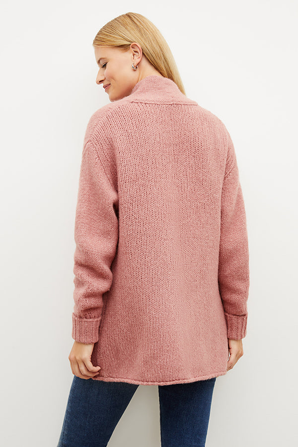 Back image of a woman wearing the frederick cardigan in himilayan salt | Exclude