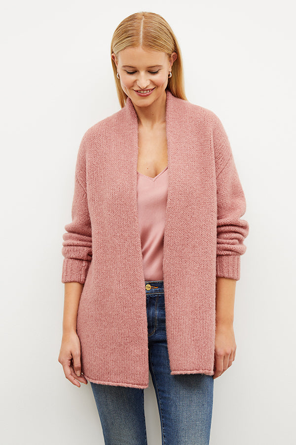 Front image of a woman wearing the frederick cardigan in himilayan salt | Exclude | Grid Hover