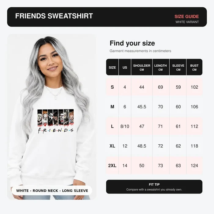 White FRIENDS sweatshirt size guide image for women showing S to 2XL measurements beside a model wearing the graphic pullover