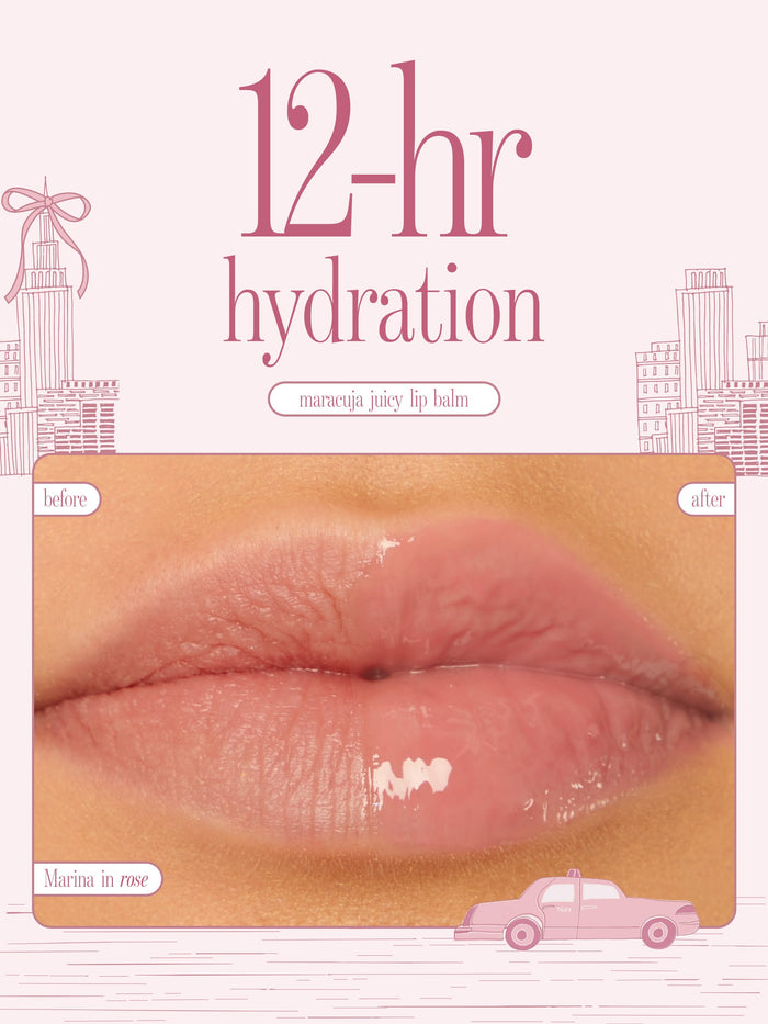 tarte cosmetics front row energy travel essentials maracuja juicy lip balm, 12 hr hydration, before and after of the shade rose