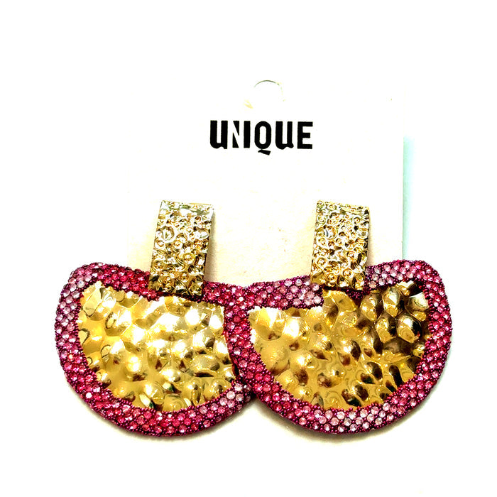 Fuschia crystal statement earring with a textured hammered gold semi-circle design and bold jewel-tone accent.