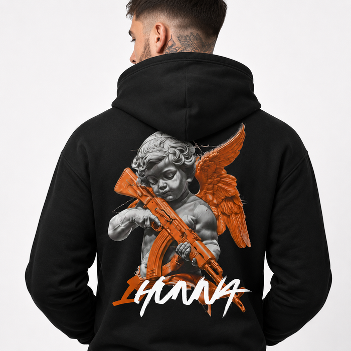1HUNNA Gallery 001 Faith Over Fear Hoodie in zwart – detail rugprint