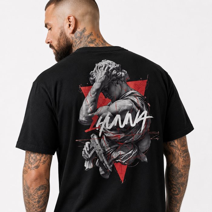 1HUNNA Gallery 001 Fallen Angel T-shirt in zwart – detail rugprint