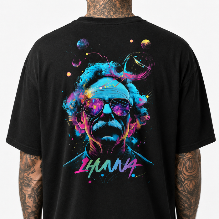 1HUNNA Gallery 004 Einstein T-shirt in zwart – detail rugprint