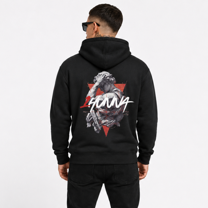 1HUNNA Gallery 005 Fallen Angel Hoodie in zwart – gedragen achterkant