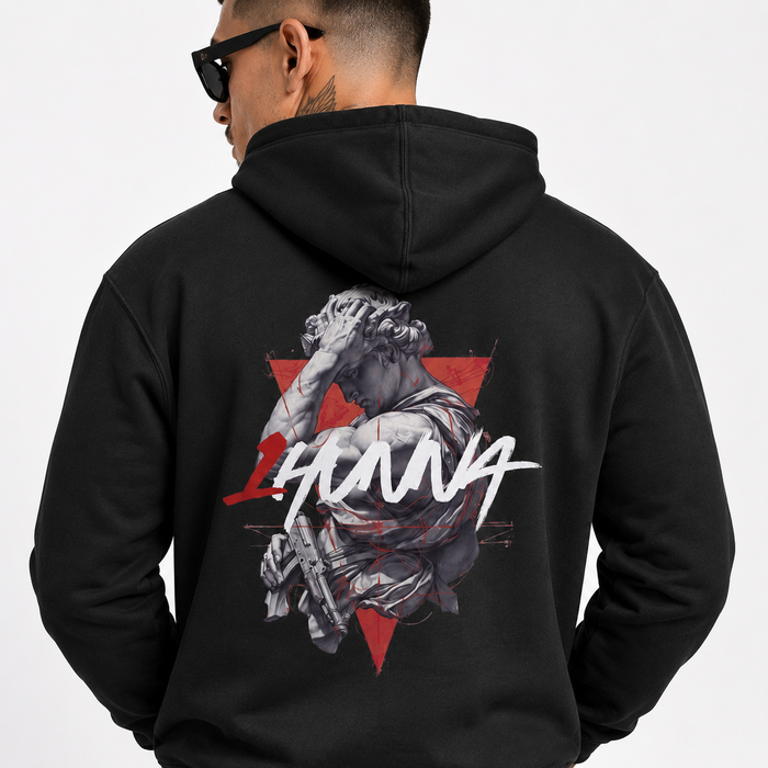 1HUNNA Gallery 005 Fallen Angel Hoodie in zwart – detail rugprint