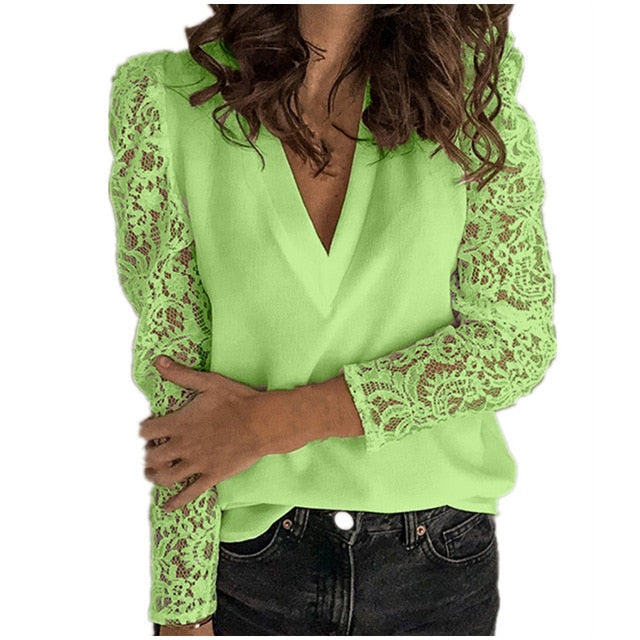 Gifts Blouse V-neck Lace Hollow Out Long Sleeve Office        ID A312 - 3101 - foxberryparkproducts