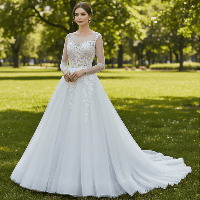 Glamorous Fall Ballgown Wedding Dress with Lace Long Sleeves - Rosymae
