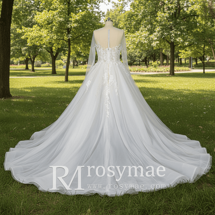 Glamorous Fall Ballgown Wedding Dress with Lace Long Sleeves - Rosymae
