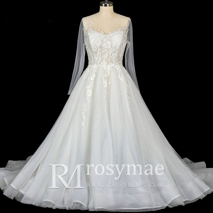Glamorous Fall Ballgown Wedding Dress with Lace Long Sleeves - Rosymae