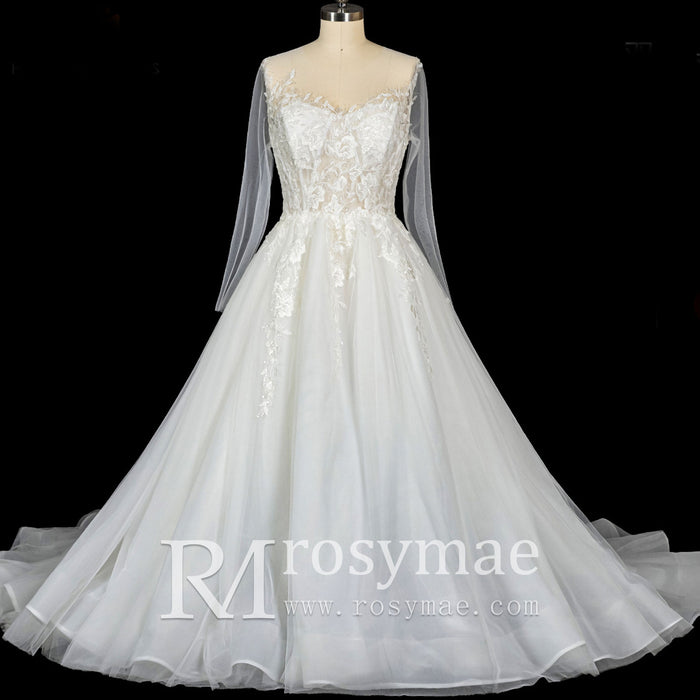 Glamorous Fall Ballgown Wedding Dress with Lace Long Sleeves