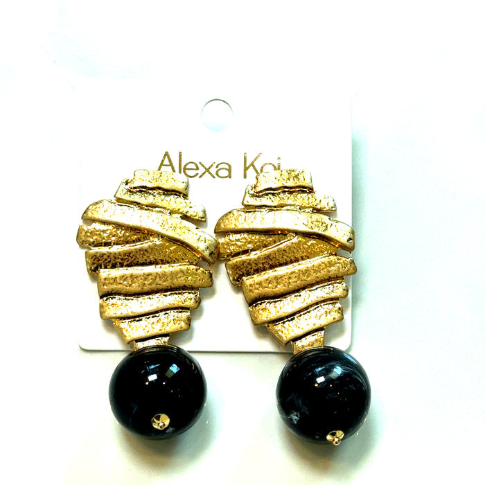 Gold and black clip-on drop earring with a textured gold metallic finish and bold black bead accent.