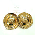 Pair of gold disc earrings with an oversized round metallic design and polished textured finish.