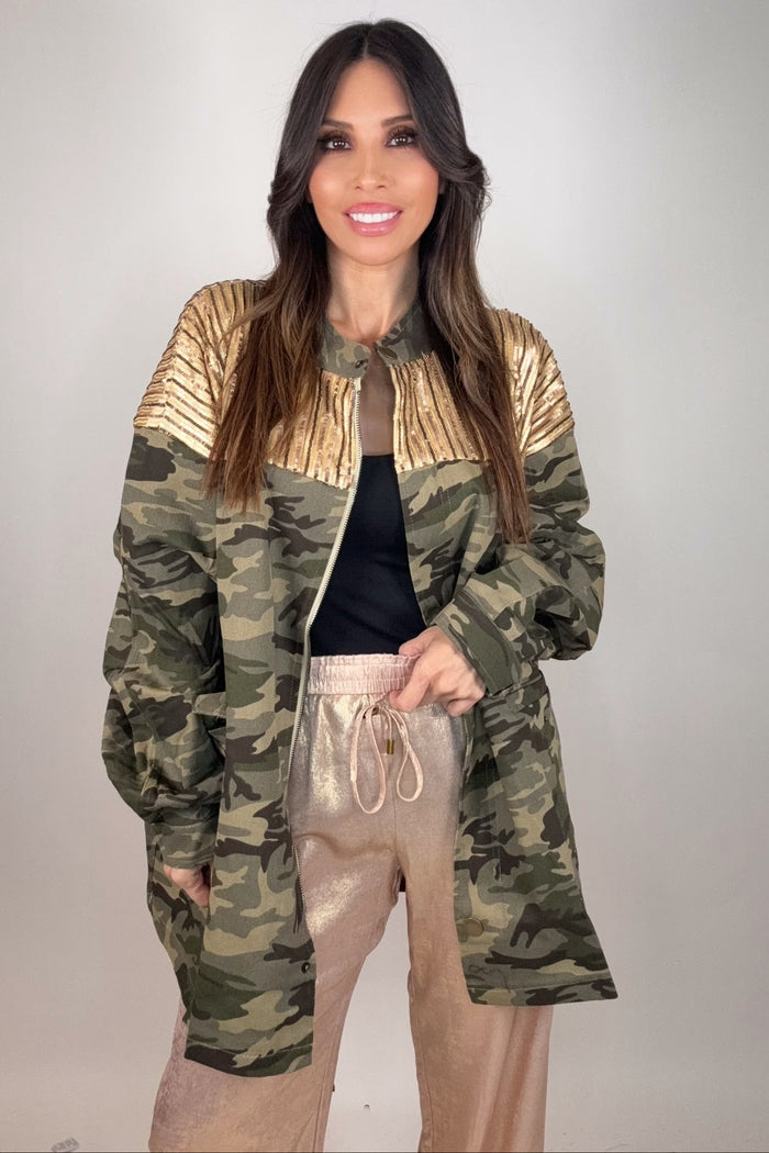 Style the Gold Sequined Camo Jacket exclusively at Born To Glam