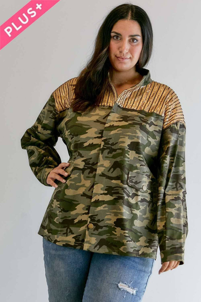 Style the Gold Sequined Camo Jacket exclusively at Born To Glam