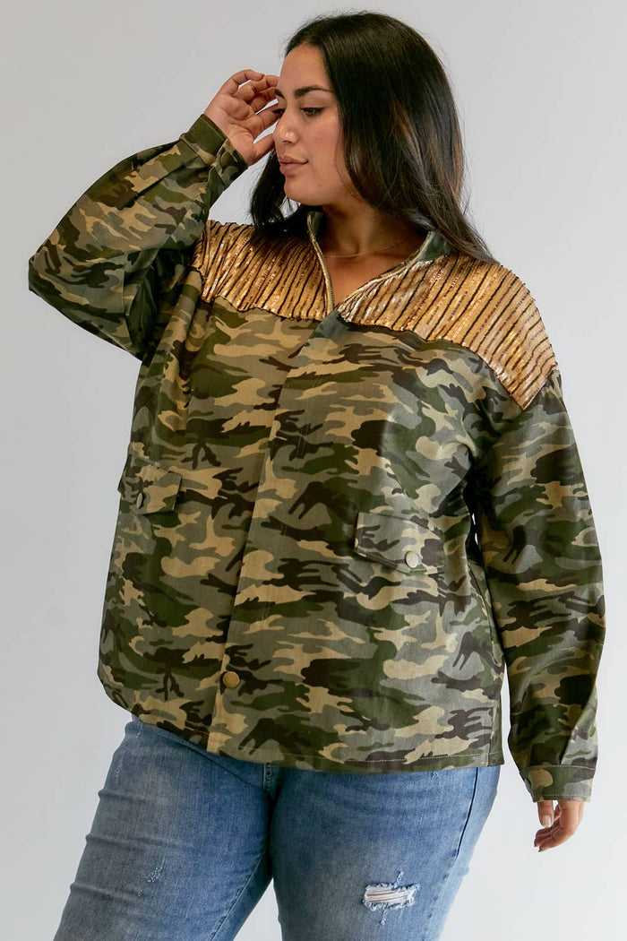 Style the Gold Sequined Camo Jacket exclusively at Born To Glam