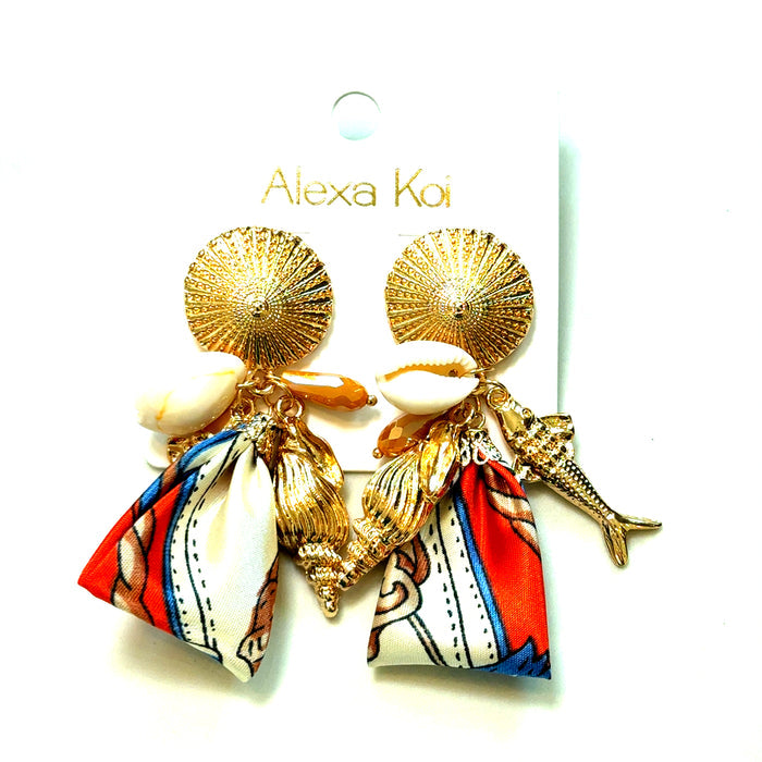 Gold shell handkerchief drop earrings with a shell-inspired charm and draped multicolor fabric accent.