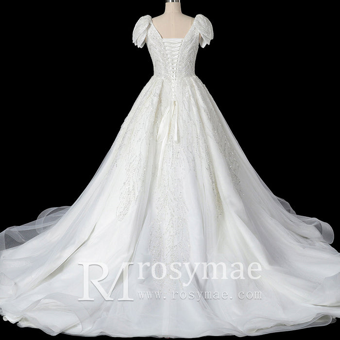 Gorgeous Sparkly Ballgown Cap Sleeve Wedding Dresses - Rosymae