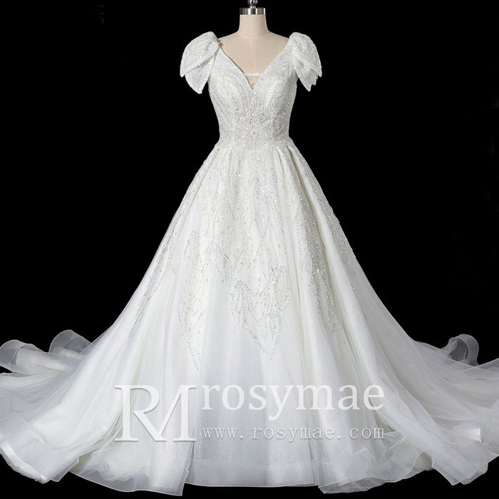 Gorgeous Sparkly Ballgown Cap Sleeve Wedding Dresses - Rosymae