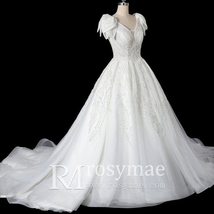 Gorgeous Sparkly Ballgown Cap Sleeve Wedding Dresses - Rosymae