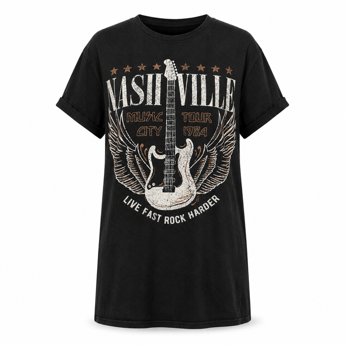 Black graphic tee dress product-only front view with round neck, short sleeves and Nashville guitar design.