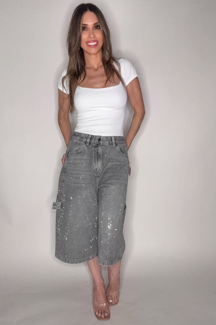 Style the Gray Crystal Studded Denim Bermuda Shorts exclusively at Born To Glam