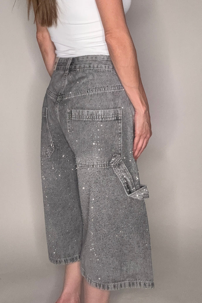 Style the Gray Crystal Studded Denim Bermuda Shorts exclusively at Born To Glam