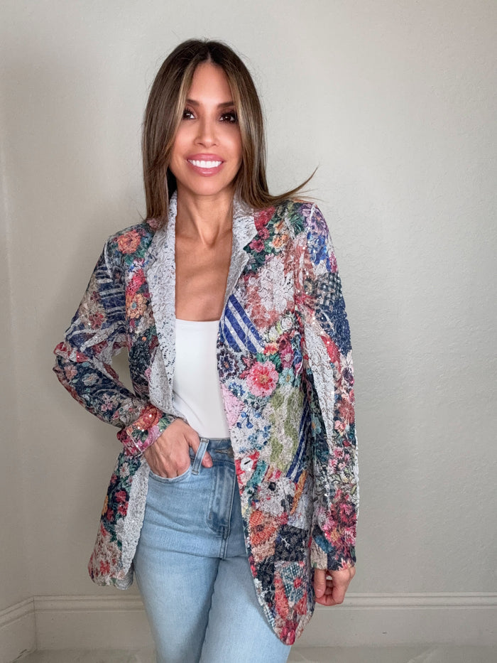 Style the Gray Floral Lace Sequin Blazer exclusively at Born To Glam