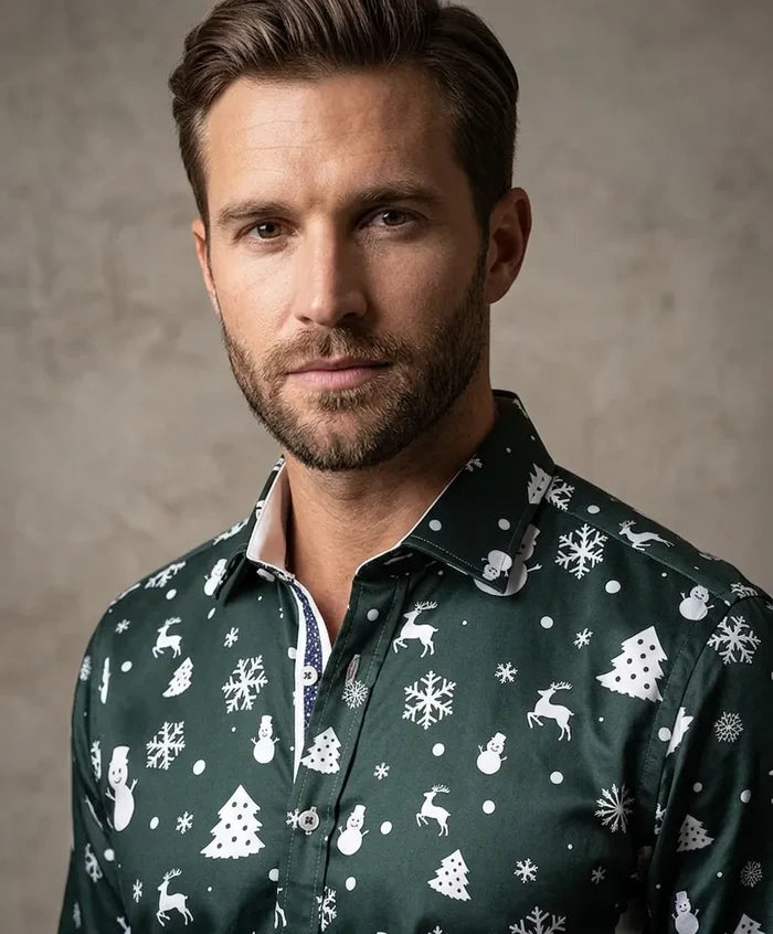 Green Flora Christmas Snowflake Snowman Print Men's Shirt