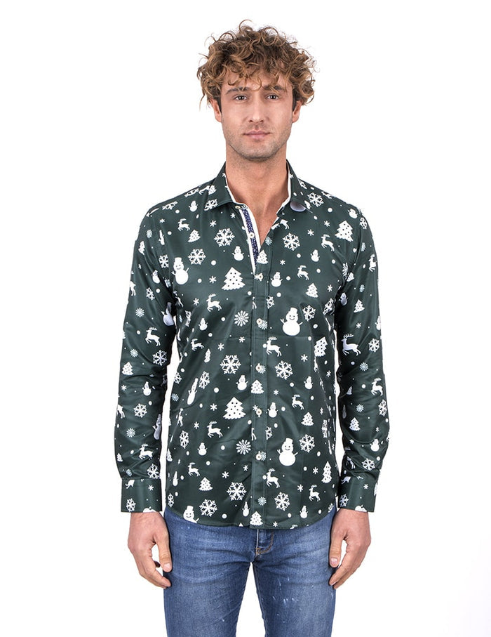Green Flora Christmas Snowflake Snowman Print Men's Shirt-Makrom