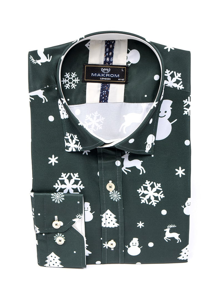 Green Flora Christmas Snowflake Snowman Print Men's Shirt-Makrom