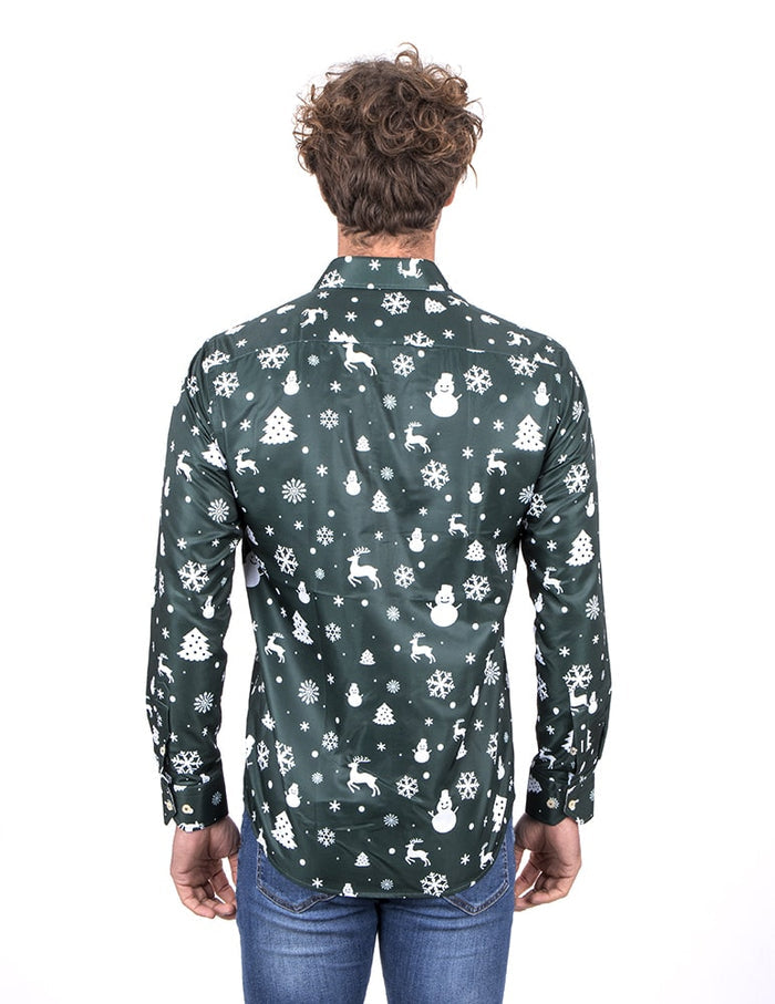 Green Flora Christmas Snowflake Snowman Print Men's Shirt-Makrom