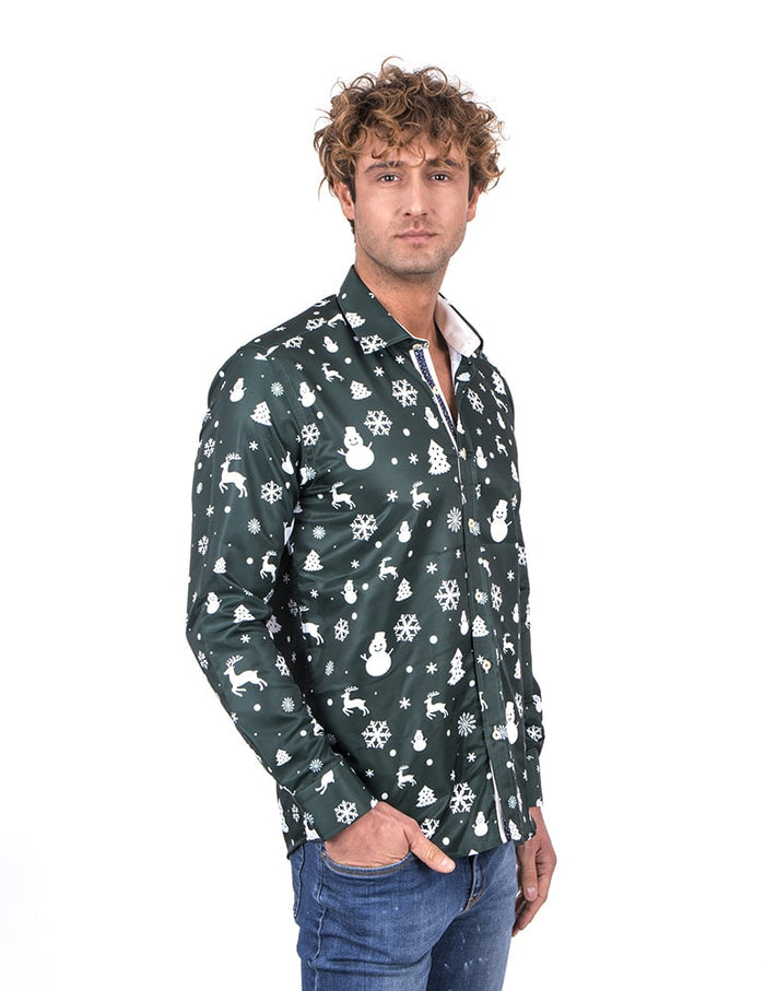 Green Flora Christmas Snowflake Snowman Print Men's Shirt-Makrom