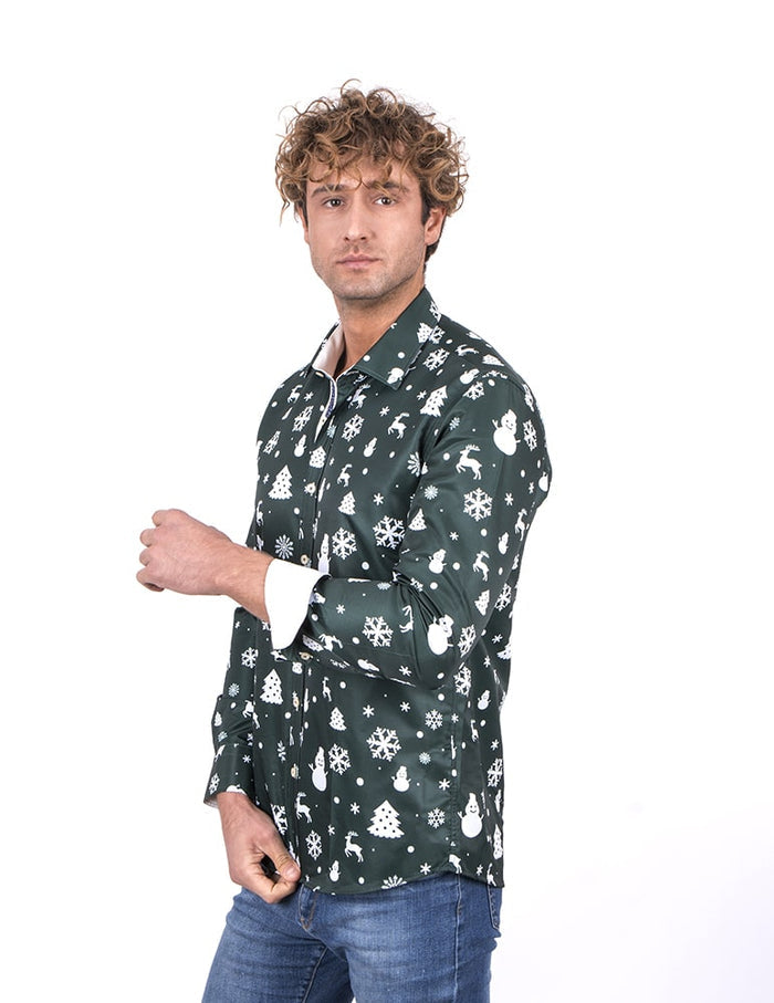 Green Flora Christmas Snowflake Snowman Print Men's Shirt-Makrom