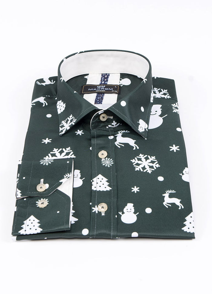 Green Flora Christmas Snowflake Snowman Print Men's Shirt-Makrom