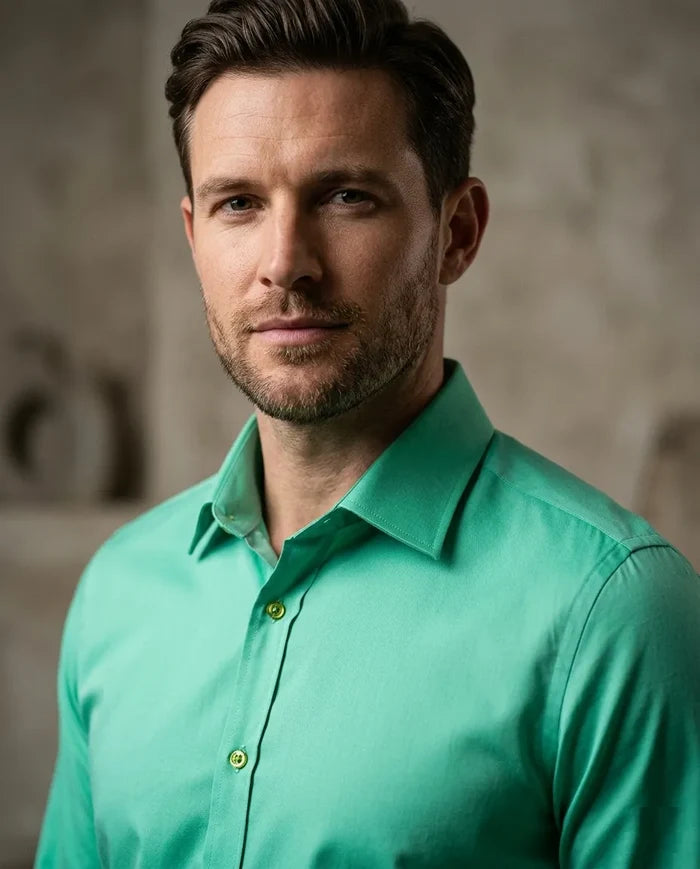 Man wearing a green shirt against a neutral background