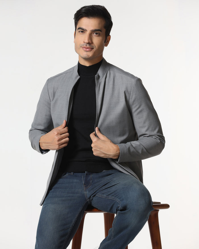 Grey Solid Zipper Jacket - Zeno