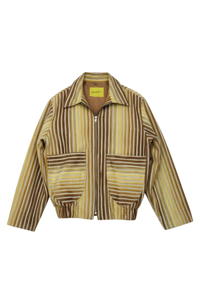MANCANDY Warm Bomber Jacket in woven striped gabardine with embroidered back artwork and cropped silhouette.