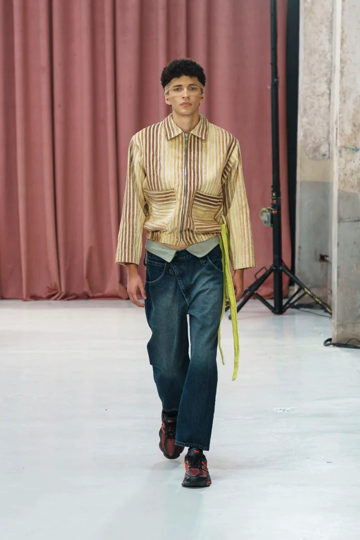 MANCANDY Warm Bomber Jacket in woven striped gabardine with embroidered back artwork and cropped silhouette.